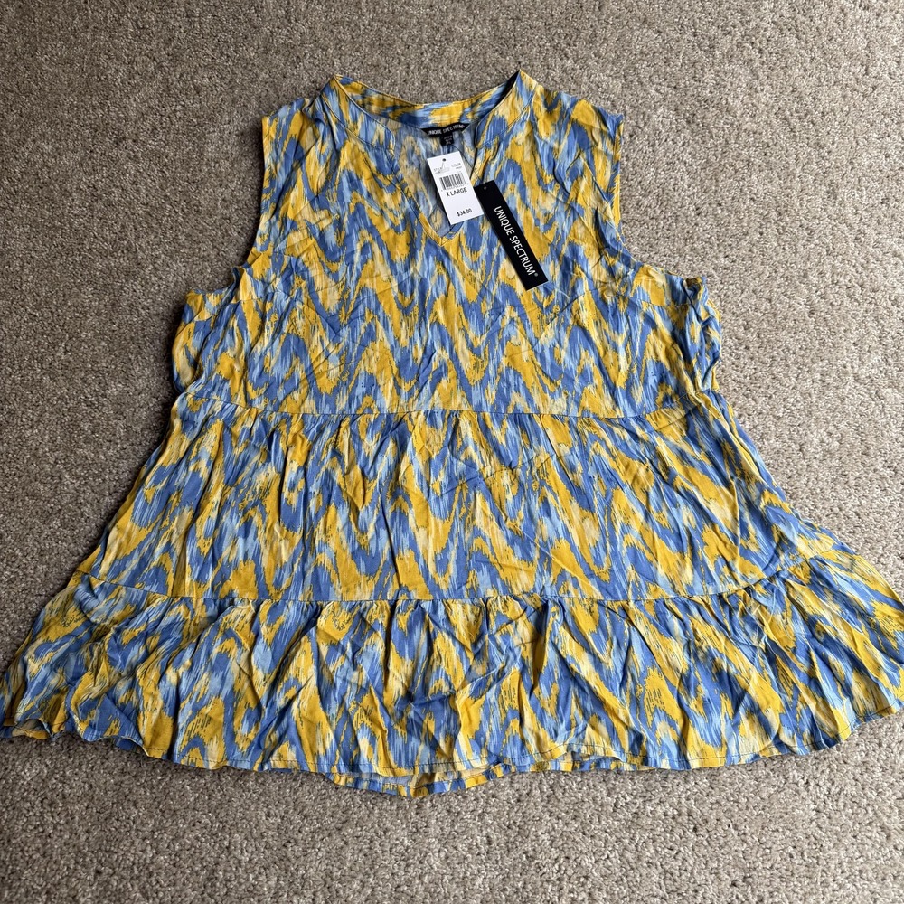 Unique Spectrum Blouse Womens XL Multicolor Print Sleeveless Ruffle Tunic Top